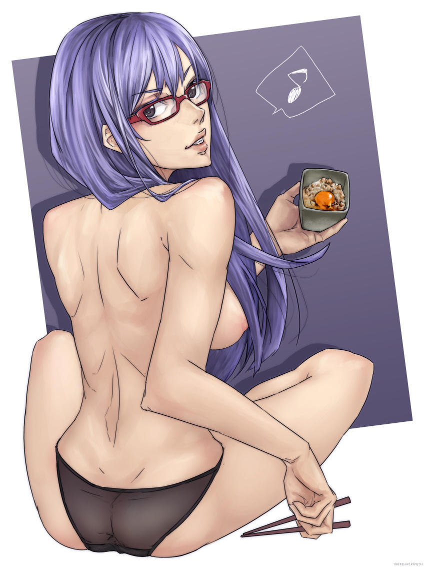 black_panties chopsticks female female_only food full_body gintama glasses long_hair looking_at_viewer looking_pleasured nattou panties parted_lips purple_hair red-framed_glasses sarutobi_ayame see-through_panties sideboob sitting solo topless topless_female