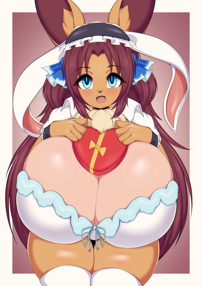 absurd_res accessory black_clothing blue_bow blue_eyes blush bow_ribbon bra breast_focus breasts brown_hair candy chocolate chocolate_heart chocolate_on_breasts cleavage clothed clothing commission commissioner_upload cuff_(restraint) cute_fang dessert eevee female fleur_de_lapin_uniform food food_on_breasts furry gift hair hair_accessory hair_ribbon hairband hairbow hand_on_breast headdress heart hi_res holding_gift holding_object huge_breasts inner_ear_fluff kemono legwear long_hair looking_at_viewer naomi_minette nintendo open_mouth original original_character panties pokemon pokemon_(species) portrait rabbit_ears restraints ribbons shiny shiny_body shiny_breasts shiny_hair shiny_skin shirt_collar smile solo squish standing tailzkim thick_thighs thigh_highs thigh_squish three-quarter_portrait tight_clothing tuft two_side_up underwear white_clothing wrist_cuffs zettai_ryouiki