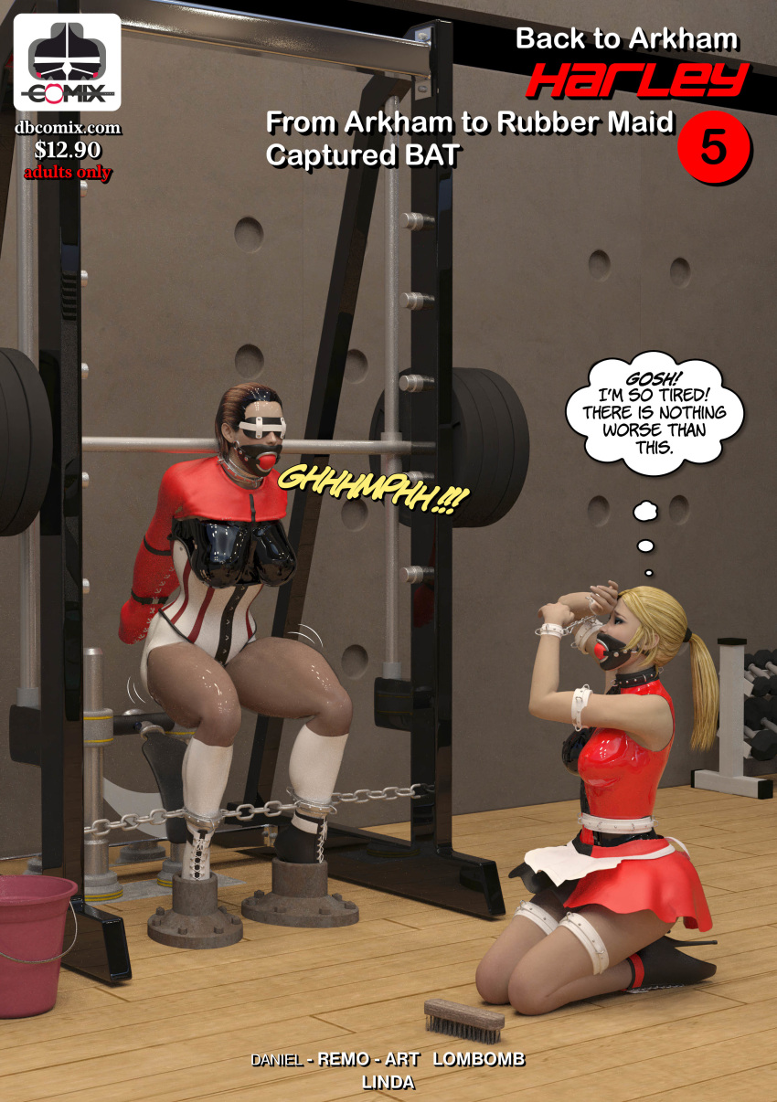 2girls 3d ballet_boots batman_(series) bondage captured daniel_remo_art dbcomix dc dc_comics firefly firefly_(dbcomix) fitness gag gym harley_quinn helpless high_heels humiliation latex maid model parody restrained rubber slave superheroine training uniform weightlifting workout