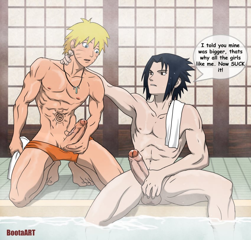 2boys black_eyes black_hair blue_eyes bootaart gay male_only naruto naruto_(series) naruto_shippuden onsen sasuke_uchiha size_comparison size_difference uzumaki_naruto yaoi yellow_hair