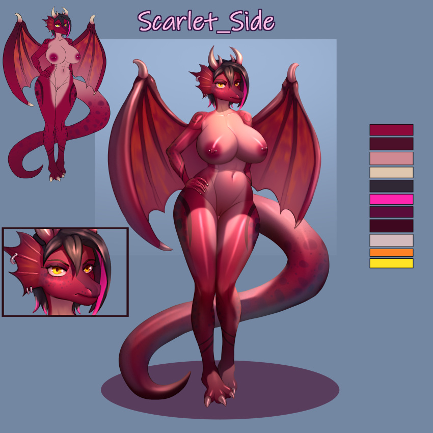 1girls 2023 adopt adoptable anthro breasts claws dragon ear_piercing female female_only girl horns huge_breasts nude original original_character piercing red_body scarlet_side scarletside wings yellow_eyes