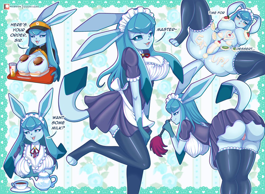 absurd_res anthro ass big_breasts blue_body blue_eyes bodily_fluids breasts clothed clothing eeveelution english_text female generation_4_pokemon genital_fluids genitals glaceon hi_res legwear looking_at_viewer maid_uniform nintendo no_panties open_mouth plump_labia pokémon_(species) pokemon pokemon_(species) pokemon_unite pokemorph purplevulpes pussy pussy_juice solo tea_party_style_glaceon text thick_thighs uniform