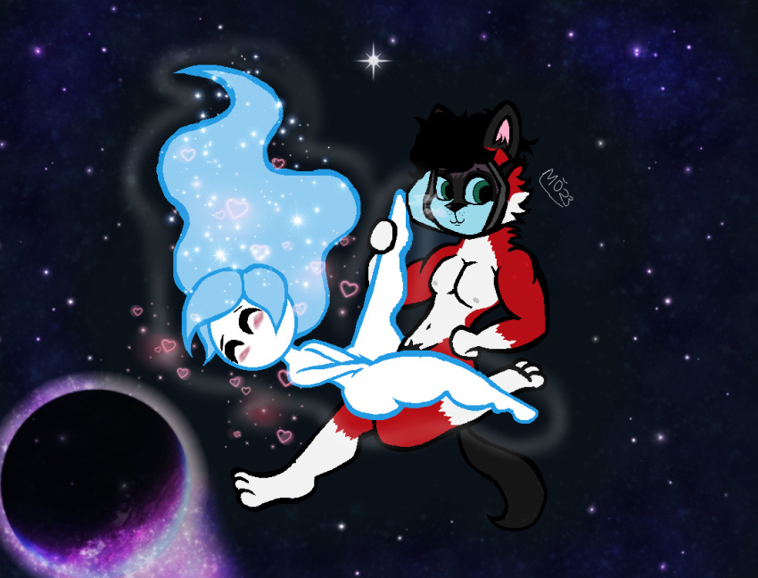 ambiguous_gender black_eyes blush blush_lines cosmic_background digital_painting_(artwork) duo flying green_eyes heart male mike_okami nude okami23_(artist) oxygen_mask red_fur space stars the_great_quasir universe white_body wolf