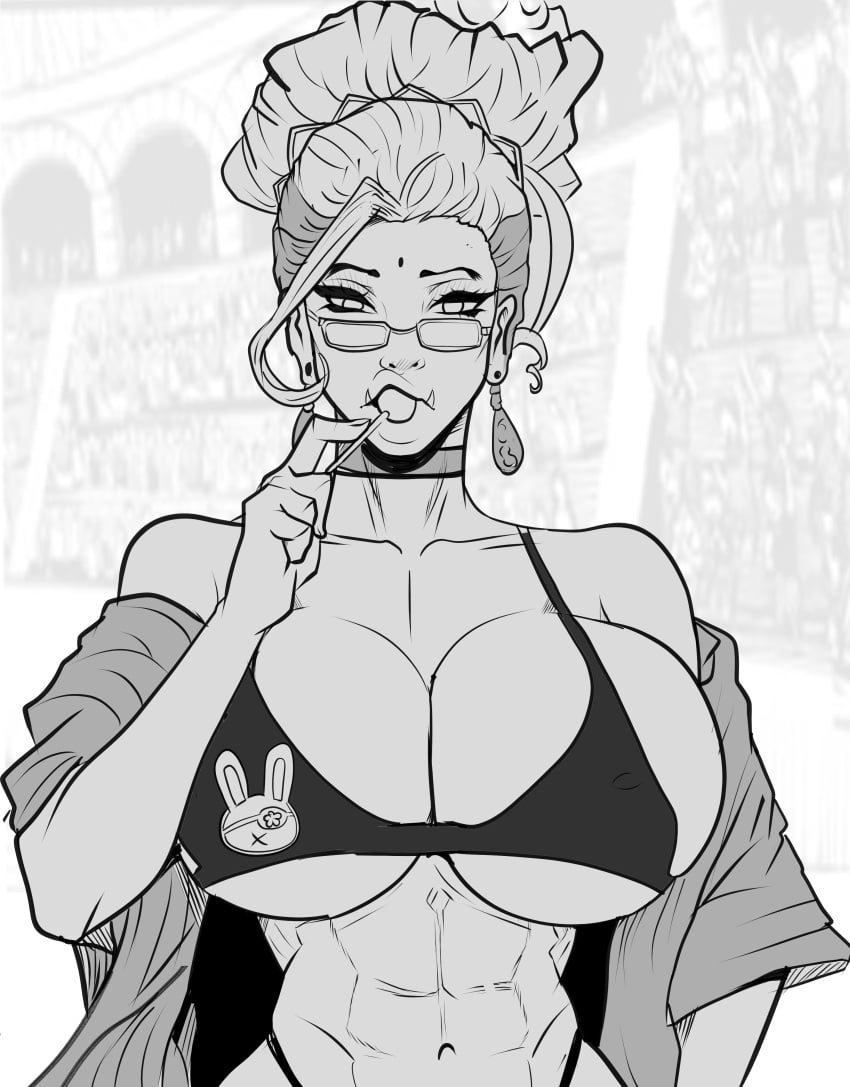 2023 2d abs bimbo bimbo_body bra buddha_(shuumatsu_no_valkyrie) choker color ear_piercing earrings exposed_shoulders eye_contact eyelashes eyewear genderswap genderswap_(mtf) glasses huge_breasts hyper_breasts large_breasts lasgaclaven lolipop looking_at_viewer monochrome muscular_female record_of_ragnarok rule_63 shuumatsu_no_valkyrie solo solo_female tagme