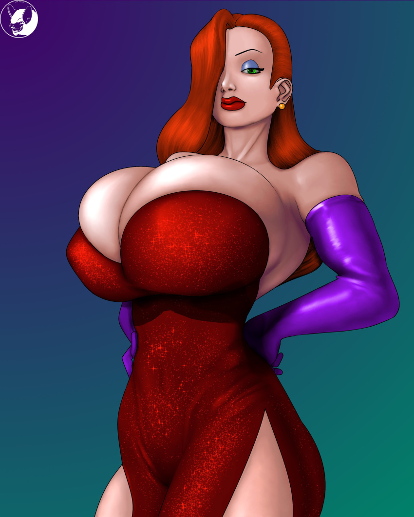 1girls 2023 alternate_version_available arm_gloves artist_logo bare_shoulders blindanubis bursting_breasts cleavage disney dress earrings eyeshadow female female_focus female_only green_eyes hair_over_one_eye hourglass_figure huge_breasts jessica_rabbit lipstick long_hair long_red_hair looking_at_viewer pinup pinup_pose red_hair standing who_framed_roger_rabbit