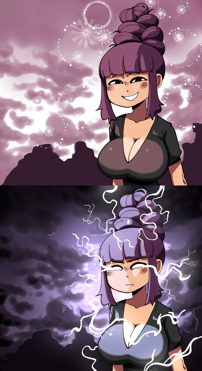 1girls black_eyes black_shirt blunt_bangs breasts clavicle cleavage command_grab dot_nose glowing_eyes grin lightning medium_breasts meme nuclearwasabi outdoors peaceful purple_hair serious serious_look sidelocks smiling tied_hair