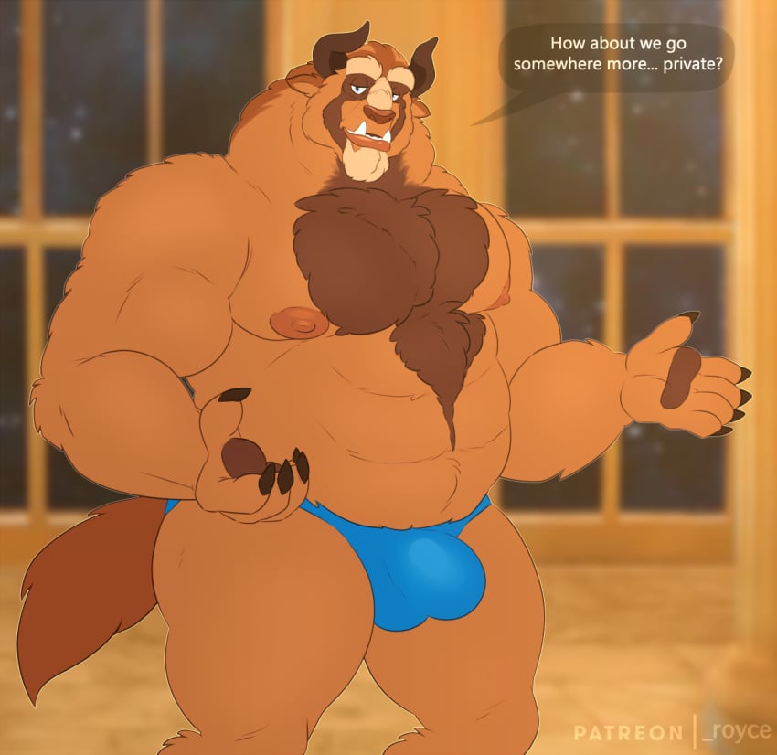 anthro beast_(disney) beauty_and_the_beast brown_body bulge clothing disney english_text hi_res male male_only monster musclegut nipples rine solo text thong underwear