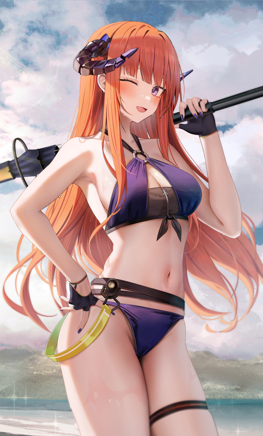 1girls arknights bagpipe_(arknights) bagpipe_(queen_no._1)_(arknights) bare_shoulders belly big_breasts bikini blush bra breasts cameltoe chest cleavage cute female female_only fingerless_gloves hand_on_hip happy highres holding_object horns javelin lance light-skinned_female long_hair looking_at_viewer midriff nail_polish nails navel o-ring o-ring_bikini one_hand_up open_mouth open_smile orange_hair outdoors outside panties polearm purple_bikini purple_bra purple_eyes purple_nails purple_panties purple_swimsuit ru_zhai sky smile solo spear stomach sweat sweatdrop swimsuit thigh_strap thighs waist wet_skin wink winking winking_at_viewer