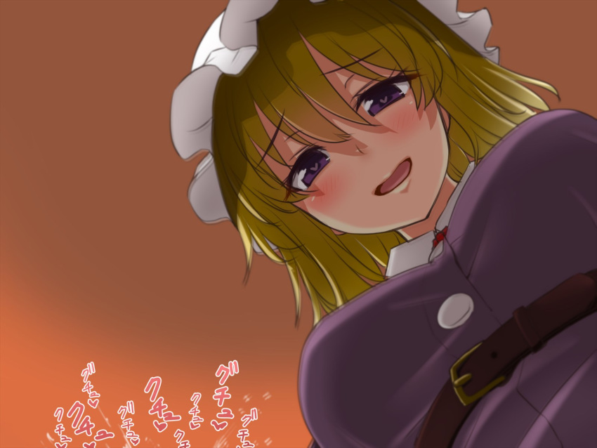 bangs belt blonde_hair blush breasts brown_belt collared_dress commentary_request dress female from_below gradient_background hair_between_eyes hat heart heart-shaped_pupils highres implied_handjob lap_pov looking_at_viewer maribel_hearn medium_breasts mob_cap open_mouth orange_background purple_dress purple_eyes short_hair smile solo symbol-shaped_pupils tori_(minamopa) touhou upper_body white_headwear