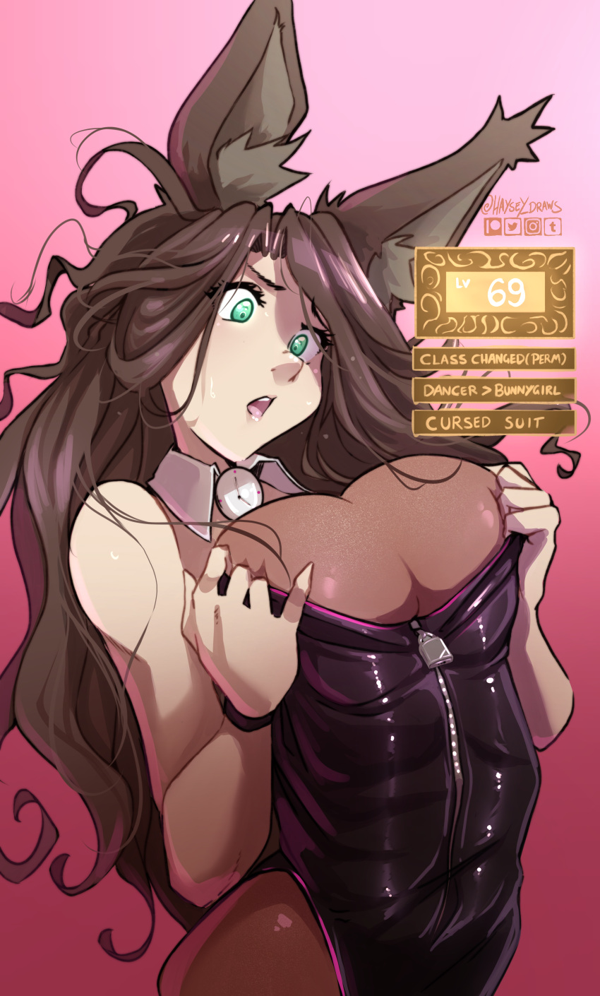 1girls 2023 alternate_costume bodystocking brown_hair bunny_ears bunny_girl bunnysuit bursting_breasts cleavage cursed dorothea_arnault english_text female female_only fire_emblem fire_emblem:_three_houses gameplay_mechanics green_eyes haysey_draws large_breasts long_hair looking_at_viewer nintendo pantyhose patreon solo stats sweat text upper_body very_long_hair