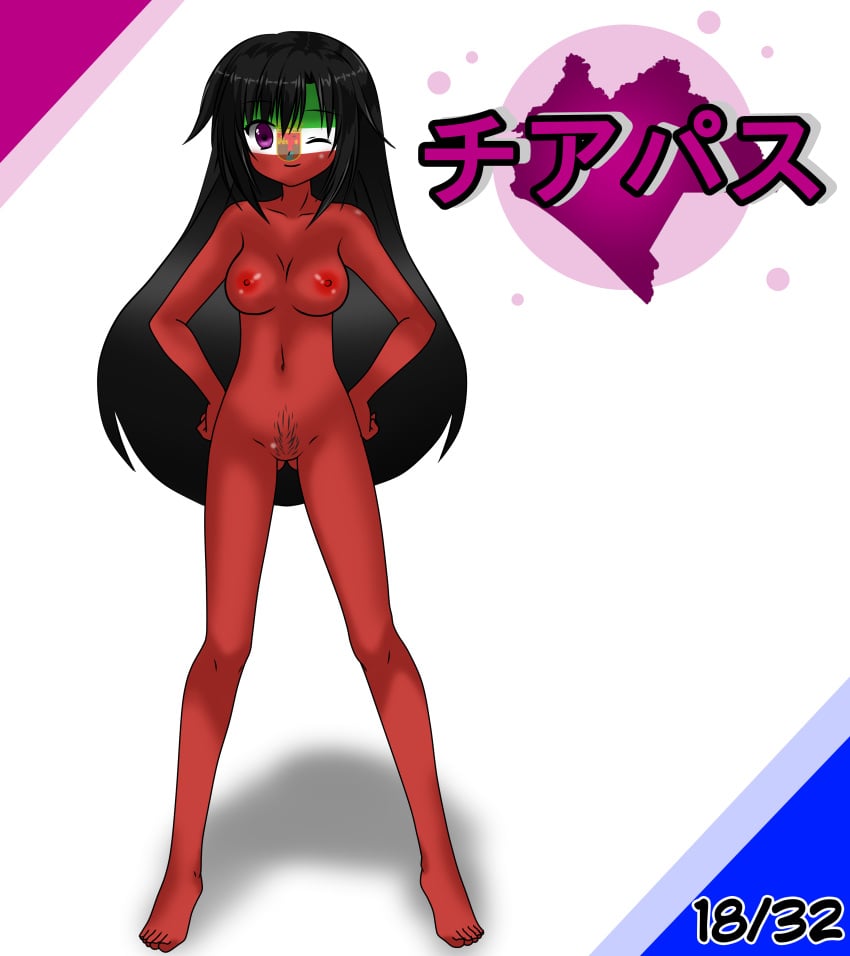 1girls anime_style black_hair chiapas_(statehumans) countryhumans countryhumans_girl female female_only japanese_text long_hair mexico quetzalcóatl_(artist) red_body red_skin simple_background small_breasts statehumans statehumans_girl text white_background