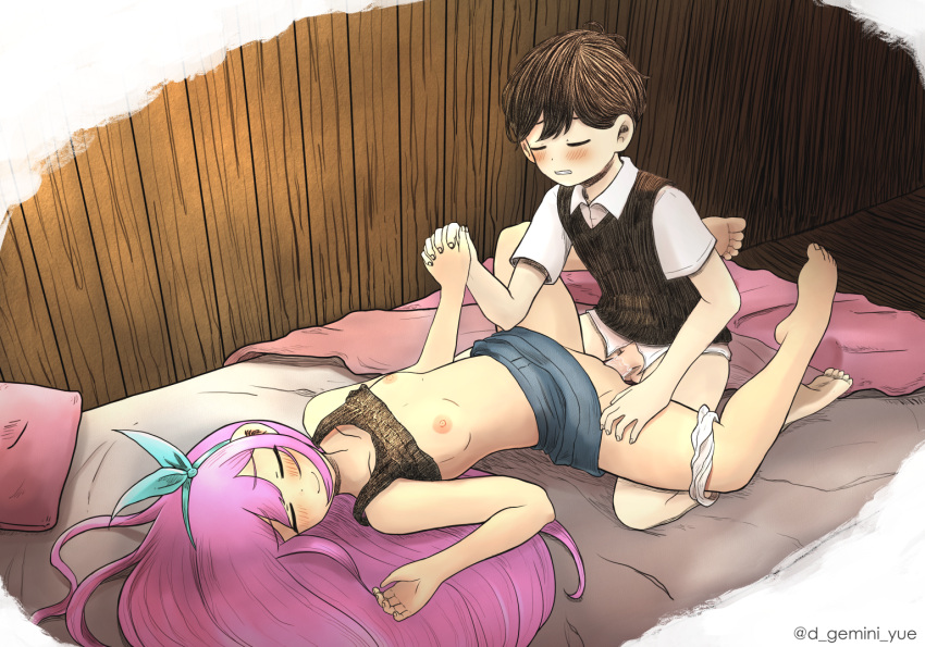 1boy 1girls aubrey_(omori) bed blue_eyes blush bow clothed clothed_sex clothing cum_in_pussy female happy_sex holding_hands lyresweet male missionary_position moaning omori pink_hair smile sunburn_(omori) sunny_(omori)