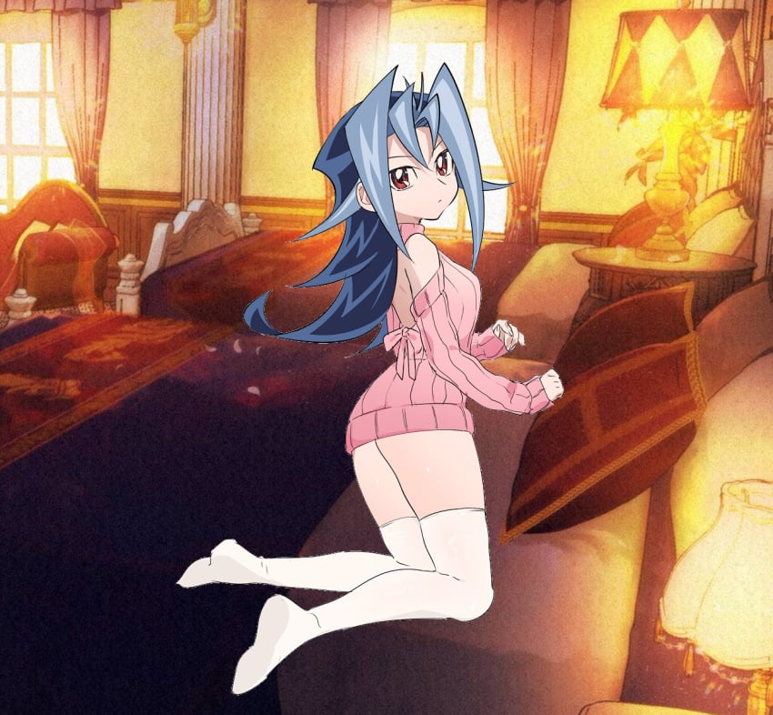 background background_edit bed blue_hair bryanjoel dntks edit female kamishiro_rio legwear looking_back red_eyes rio_kamishiro solo yu-gi-oh! yu-gi-oh!_zexal