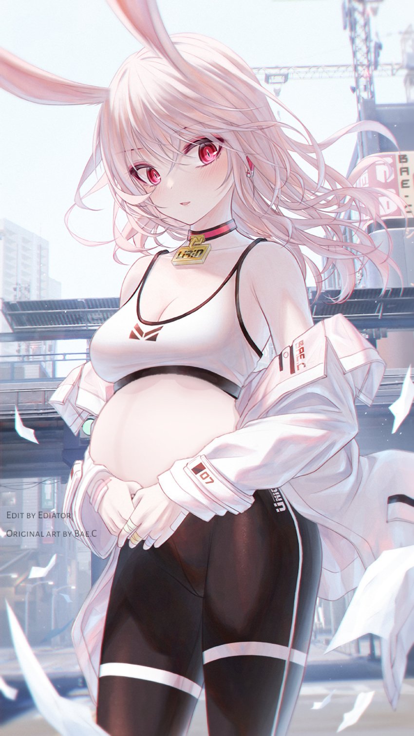 bae.c blush bra bunny_girl_(bae.c) hand_on_belly holding_belly original_character pregnant rabbit_ears