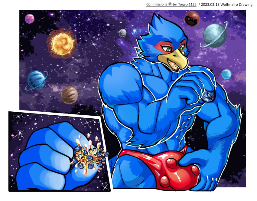 1boy anthro avian bird blue_body bulge clothing crush destruction detailed_bulge falco_lombardi hi_res macro male male_only muscular muscular_male nintendo planet solo space speedo star_fox swimwear togepi1125 wolfmalro