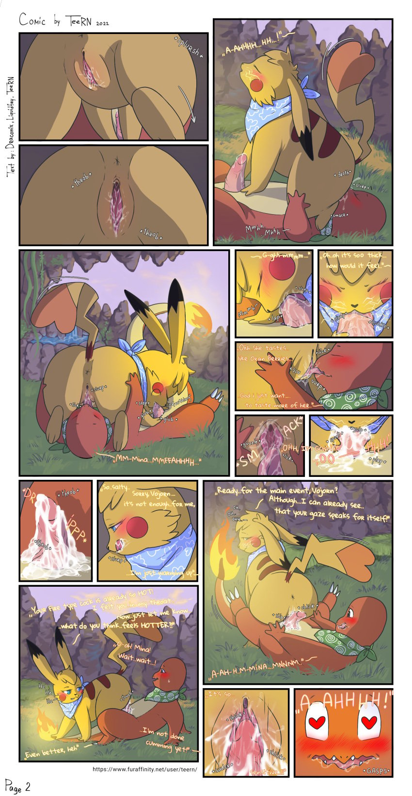 absurd_res animal_genitalia animal_penis blush blushing_profusely bodily_fluids charmander close-up comic cuddling cum cunnilingus dialogue dominant dominant_female english_text erection facesitting female female_on_top feral feral_on_feral generation_1_pokemon genital_fluids genitals hi_res hot_dogging imminent_sex licking male male/female mina_(liquidfay) morning_wood nintendo on_top oral penile penis penis_lick pikachu pokemon pokemon_(species) pokemon_mystery_dungeon pussy sex sharpedo_bluff sleeping submissive submissive_male teern text tongue tongue_out url vaginal_penetration