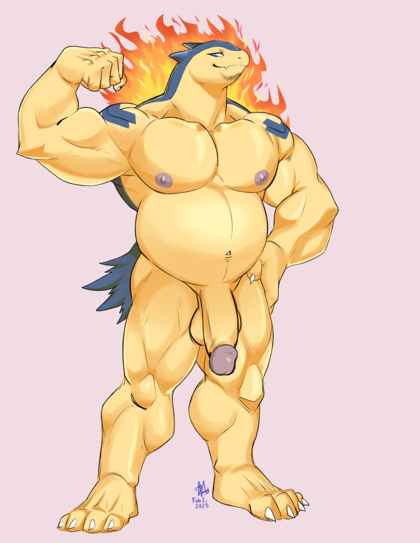 abs absurd_res balls casual_nudity feet flaccid flexing flexing_bicep generation_2_pokemon genitals hi_res itsdhani male male_only manly muscular muscular_male navel nintendo nipples nude pecs penis pokemon pokemon_(species) quads simple_background solo solo_focus typhlosion