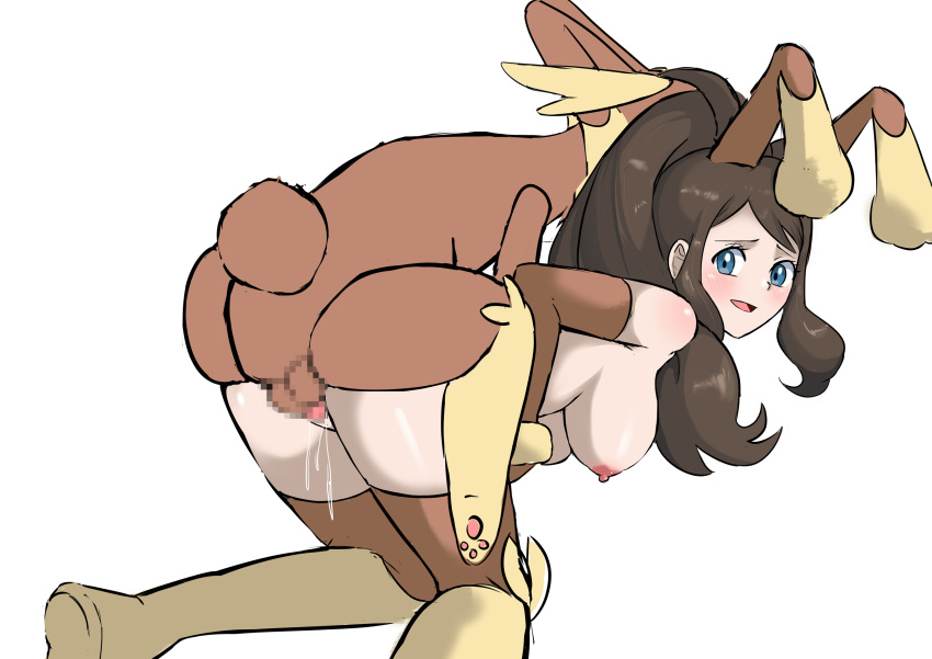 2023 absurd_res anthro anthro_penetrating anthro_penetrating_human armwear ass big_breasts blue_eyes blush bodily_fluids breasts brown_body brown_fur brown_hair censored clothing female female_penetrated fur game_freak generation_4_pokemon genital_fluids genitals hair hi_res hilda_(pokemon) human human_on_anthro human_penetrated interspecies legwear long_hair lopunny lopunny_(cosplay) male male/female male_penetrating male_penetrating_female mammal nintendo nipples nivi penetration penis pokemon pokemon_(cosplay) pokemon_(species) pokephilia pussy pussy_juice sex vaginal_penetration