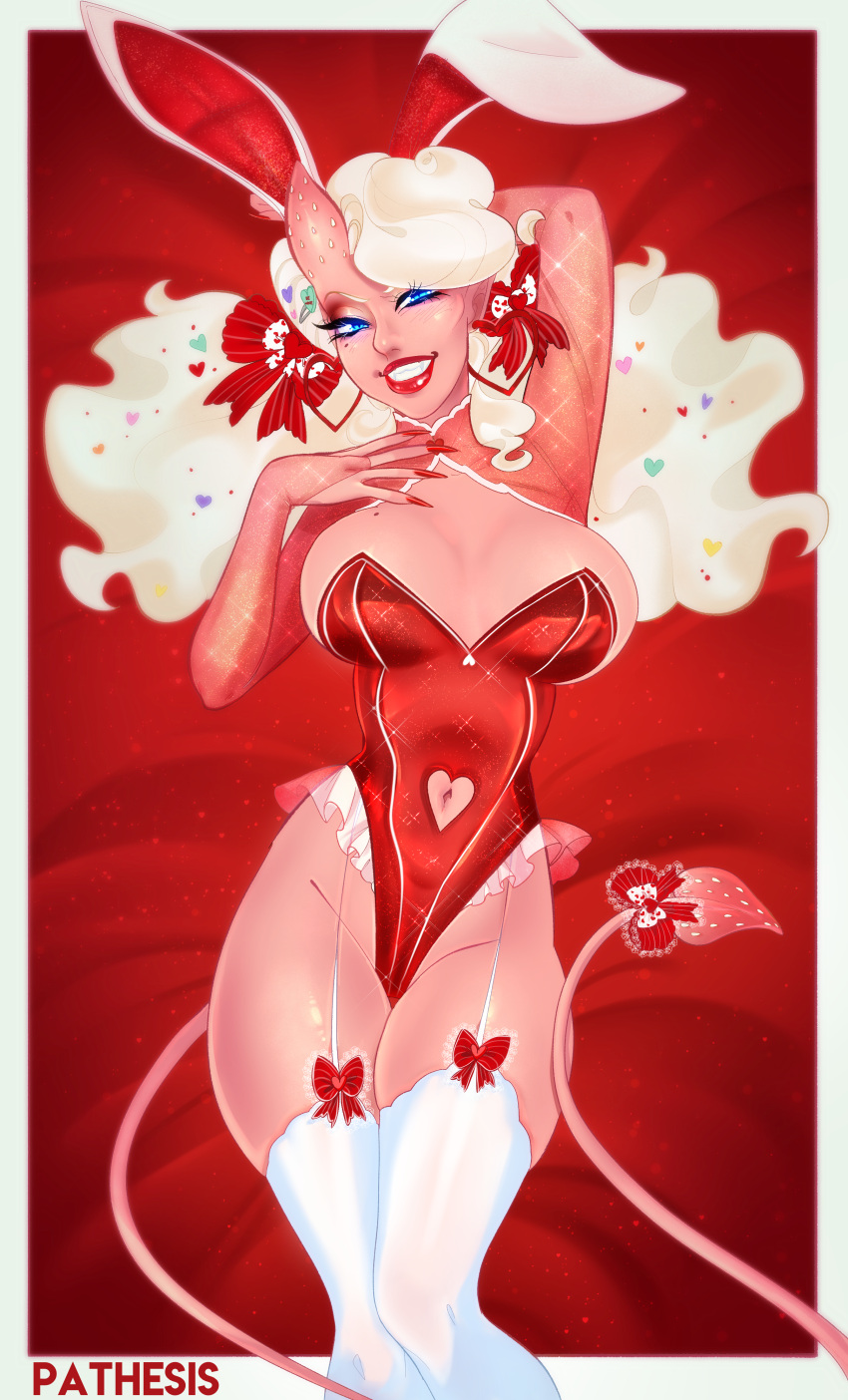 blue_eyes chocolate devil_horns devil_tail fangs food_play glitter oc original pathesis pathesisnsfw pathesisx pinup playboy_bunny red rosie rosie_heart strawberry tiefling valentine's_day variant_set white_hair