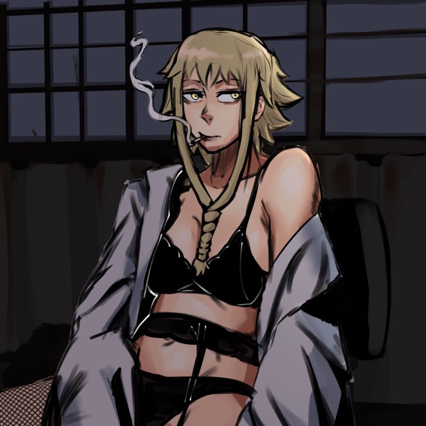 art blonde_hair breasts cigarette labcoat mature_female mature_woman medium_breasts medusa_gorgon milf mobi_mobi sexy_underwear smoking smoking_cigarette soul_eater underwear underwear_only witch yellow_eyes yellow_hair