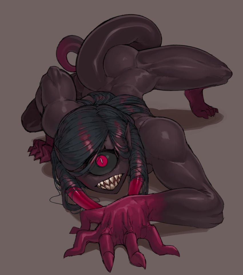 1girls anthro black_hair black_sclera brown_background brown_skin bubble_butt crawling dark-skinned_female dark_skin female female_only horns krekk0v looking_at_viewer monster_girl muscular_female nightmare_waifu on_all_fours pointy_ears red_claws red_eye red_eyes red_feet red_horns red_tipped_tail sharp_claws sharp_fingernails sharp_teeth simple_background solo solo_female tail tailclops_(species) teratophilia toe_claws