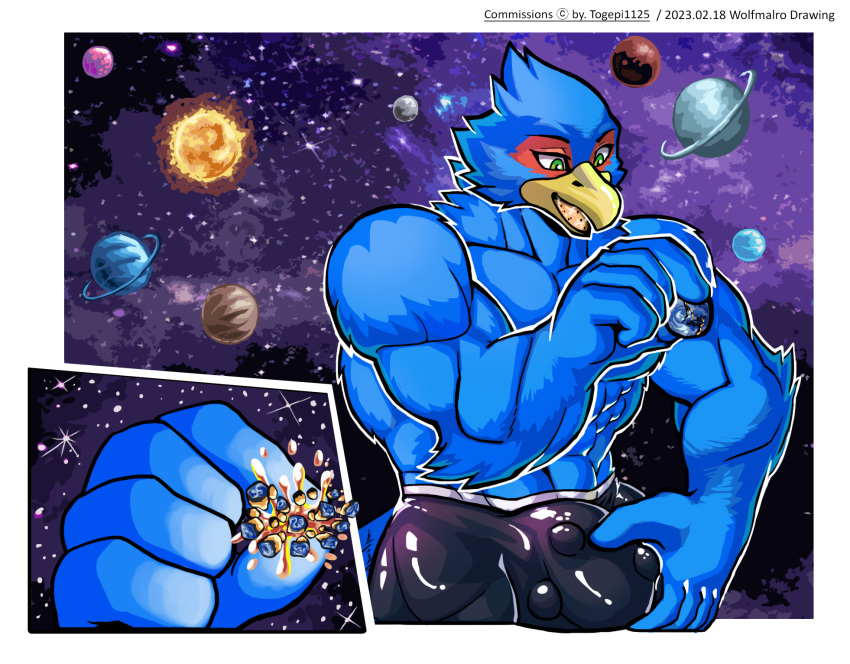 avian bird blue_body boxer_briefs bulge clothing crush destruction detailed_bulge falco_lombardi hi_res macro male muscular muscular_male nintendo planet solo space star_fox togepi1125 underwear wolfmalro