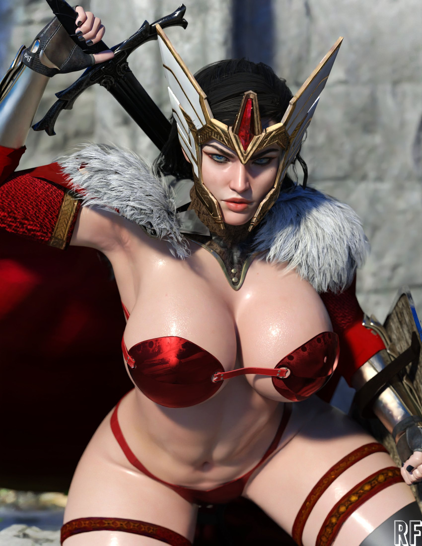 1girls 3d absurd_res bikini_armor blonde_female blonde_hair blue_eyes breasts cape cleavage female female_only goddess helmet hi_res lady_sif large_breasts looking_at_viewer marvel marvel_comics rude_frog solo thighhighs thighs thor:_love_and_thunder thor_(series) wide_hips