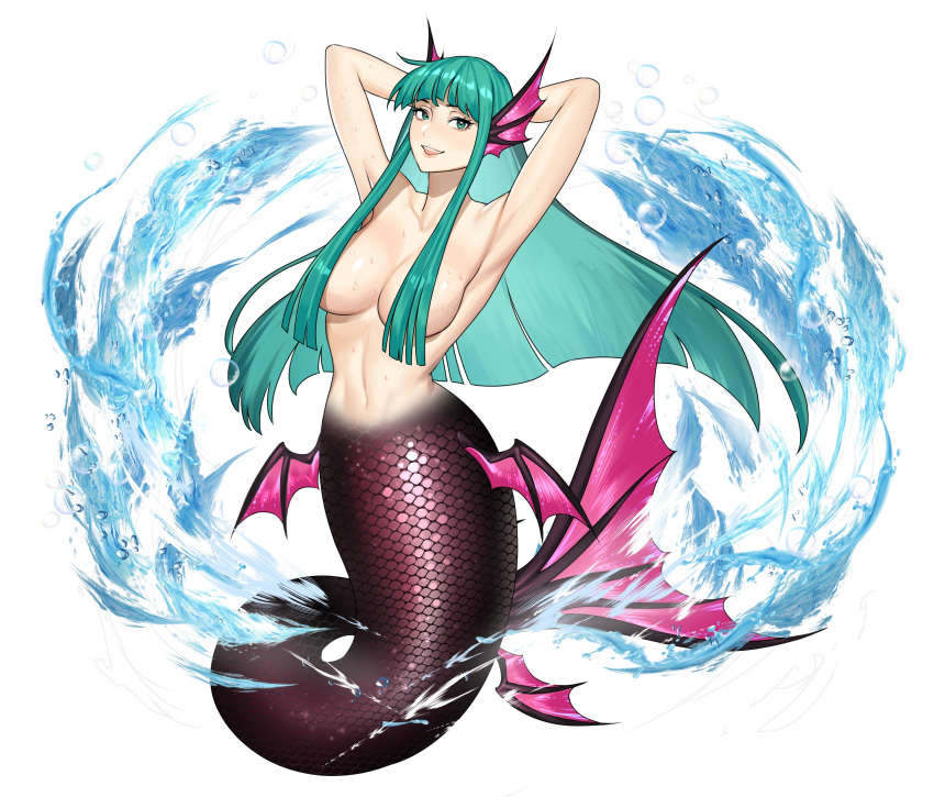 big_breasts breasts darkstalkers female fish_girl fish_tail gigantic_breasts gloves green_hair jpeg long_hair mermaid mermaid_girl mermaid_tail mermaid_transformation monster_girl morrigan_aensland purple_tail seashell_bra seductive_eyes seductive_look seductive_mouth seductive_pose seductive_smile small_breasts succubus tail topless topless_female uirusu_chan vampire_(game) vampire_savior water