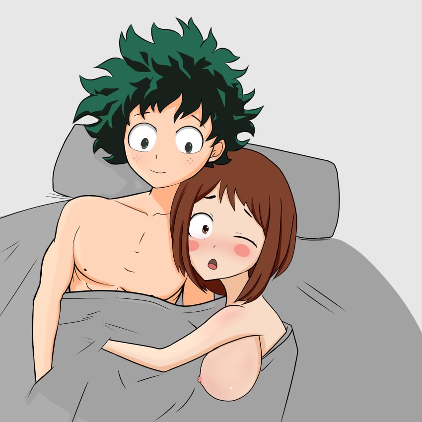 1boy 1girls completely_nude cuddling embarrassed in_bed izuku_midoriya koji_draw my_hero_academia nipple_slip ochako_uraraka shounen_jump shueisha tagme wholesome