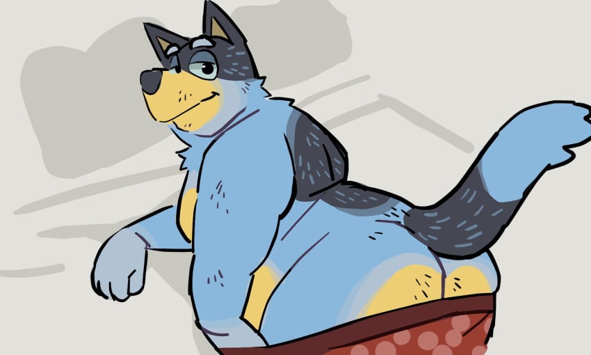 1boy 2023 ass ass_cleavage ass_focus ass_up australian_cattle_dog back bandit_heeler behind_view belly bent_over big_ass big_belly big_pecs big_penis blue_fur bluey_(series) bluey_(show) butt_crack canine daddy digital_media_(artwork) dilf fat fur furry gay leaning_forward looking_at_viewer looking_back looking_back_at_viewer male male/male male_focus male_only multicolored_fur smile smiling_at_viewer tan_fur tehweenus