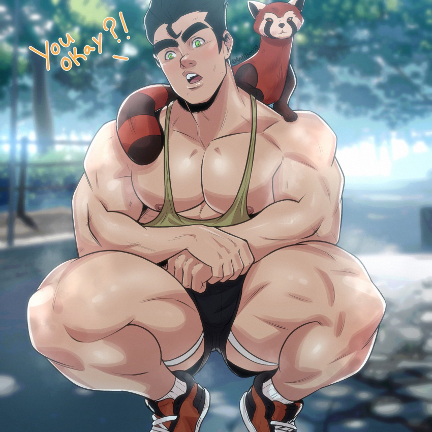 1boy abs antibooart avatar_legends bolin english_text fire_ferret jockstrap male male_only muscles muscular muscular_male nickelodeon outdoors outside pabu pecs teen_boy text the_legend_of_korra thick_thighs