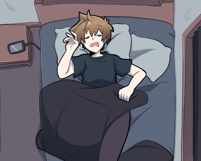 1boy brown_hair bulge bulge_through_clothing hyper_balls hyper_genitalia hyper_penis hyper_testicles laying_on_bed male_only merryweather merryweatherey sleeping