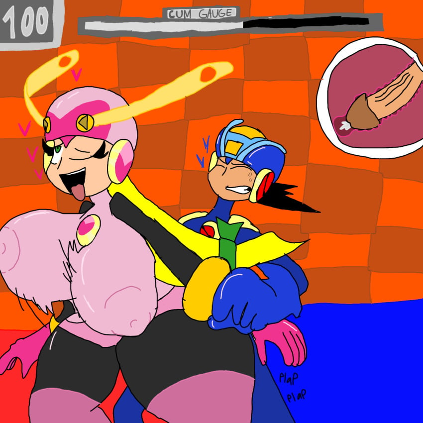 artist_request black_hair blonde_hair breast breast_swing cum female_penetrated holding_arm huge_breasts huge_thighs latex_suit mega_man mega_man_battle_network megaman.exe moaning orange_background penis_inside pounding rockman_exe roll.exe tagme thick_thighs tongue_out