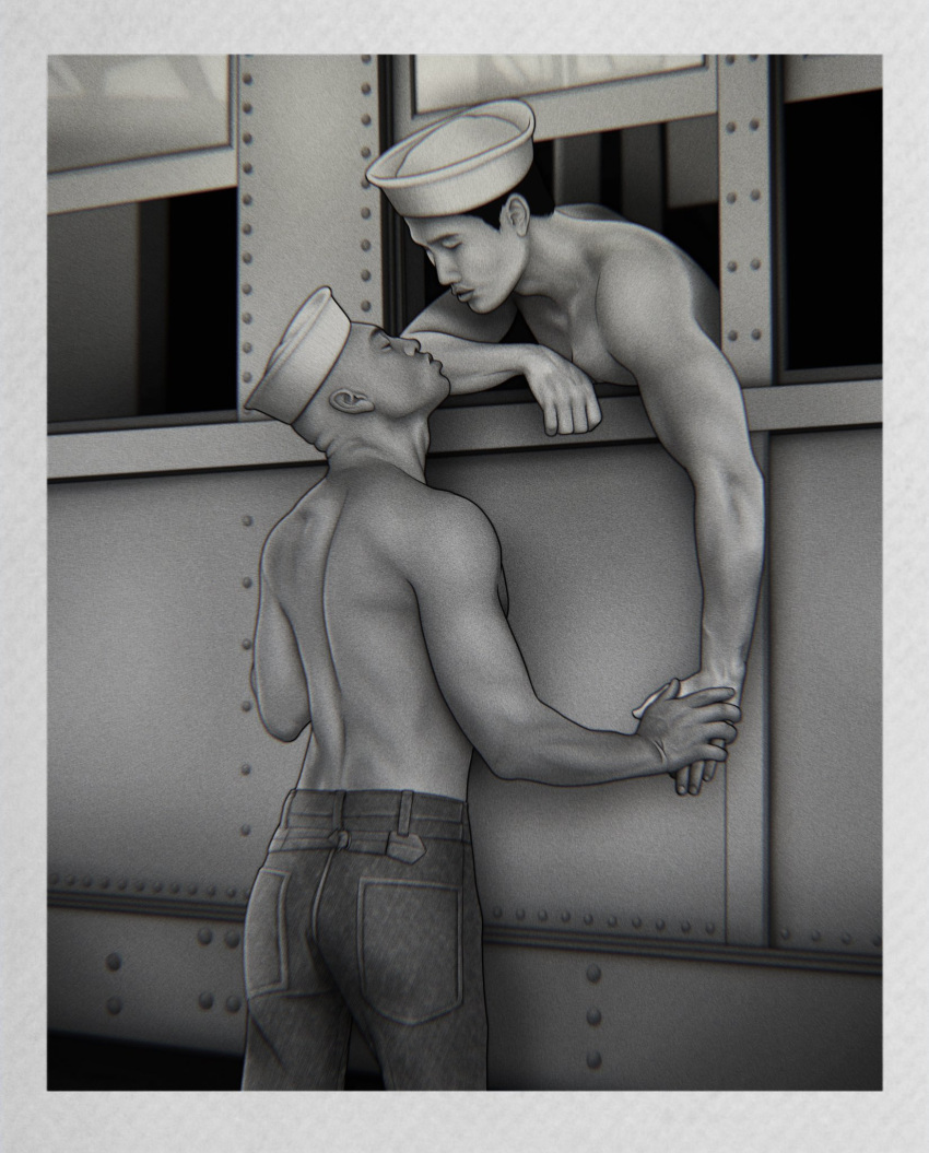 2boys african african_male asian asian_male bald black_and_white black_hair east_asian east_asian_male gay gay_kissing holding_hands imminent_kiss interracial male male_only meathook_magazine muscles muscular muscular_male puckered_lips sailor_hat sailors shaved_head shirtless_male train valentine's_day