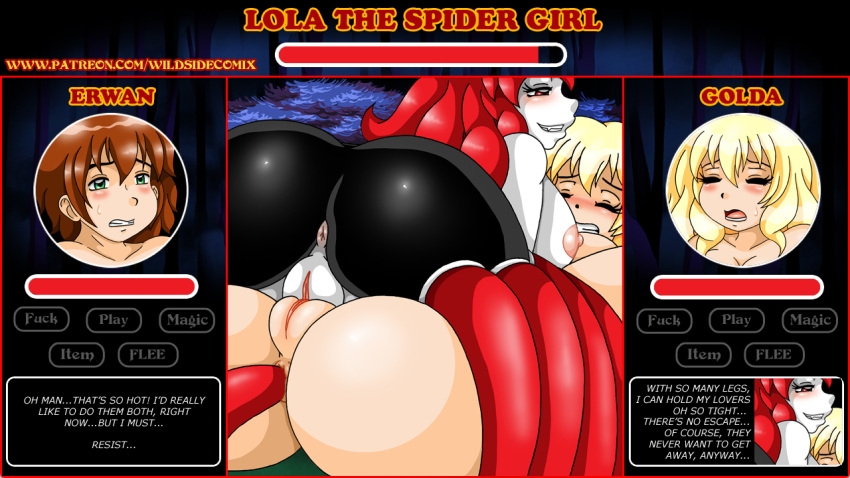 2girls anal_insertion blonde_hair english_text game monster_girl monster_love_hotel_2 multiple_girls pussy red_hair sex_battle spider_girl spider_humanoid tribadism vanja yuri