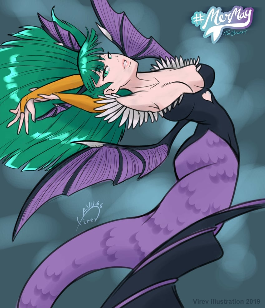 breasts clothing darkstalkers fish_girl fish_tail gloves long_hair mermaid mermaid_tail mermaid_transformation monster_girl morrigan_aensland seductive_eyes seductive_look seductive_mouth seductive_pose seductive_smile small_breasts succubus tail vampire_(game) vampire_savior virev_r18