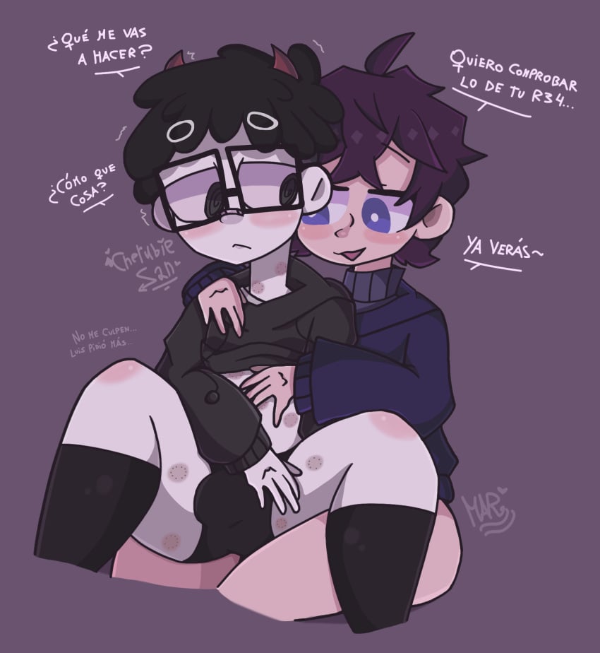 2boys 2d artist_signature bandaid_on_nose black_hair black_hoodie black_panties blue_eyes blue_sweater blush bulge cherubiesan demon_horns dialogue digital_drawing_(artwork) gay glasses hickey hoodie latino light-skinned_male luisardo male/male peruvian_male purple_hair purple_hoodie simple_background spanish_dialogue spanish_text teen_boy text thick_thighs touching_chest twink txrry youtube youtube_hispanic youtuber_boy