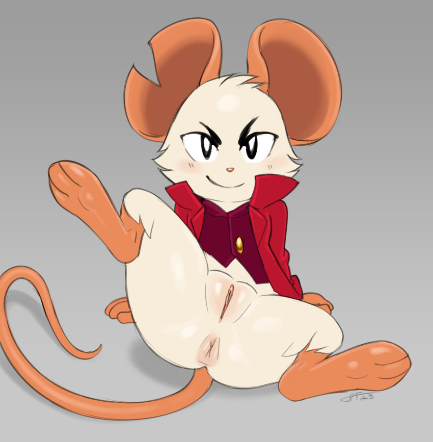 anthro anus big_ears bottomless clothed clothing feet female genitals grey_background hi_res looking_at_viewer mammal mina_(mina_the_hollower) mina_the_hollower mouse murid murine notched_ear partially_clothed plump_labia presenting presenting_pussy pussy rodent simple_background slimefur smile solo topwear yacht_club_games