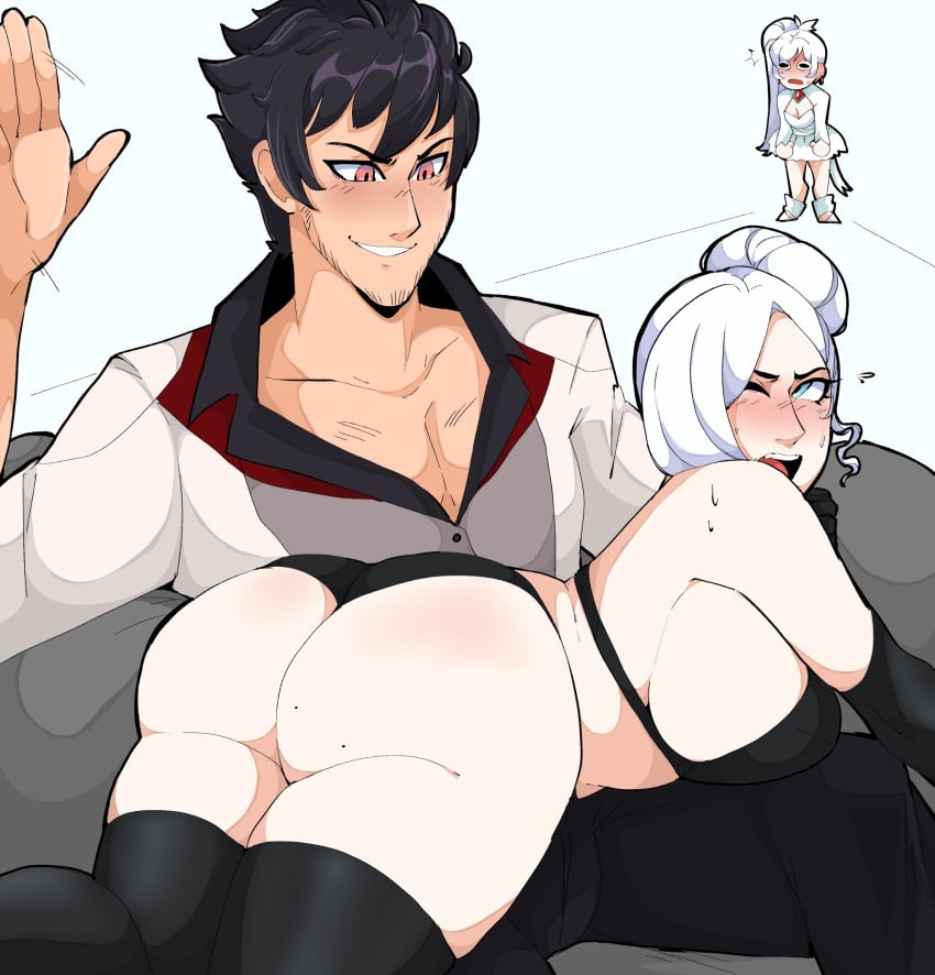 1boy 2girls ass ass_focus big_ass big_breasts big_butt black_hair bluueygooey bra breasts bubble_butt clothing dress fat_ass female imminent_spanking large_ass lying lying_on_lap male panties pants qrow_branwen rwby shirt sisters spanking straight sweat thick_ass thick_thighs thighhighs vale_outfit watching weiss_schnee white_hair wide_hips winter_schnee