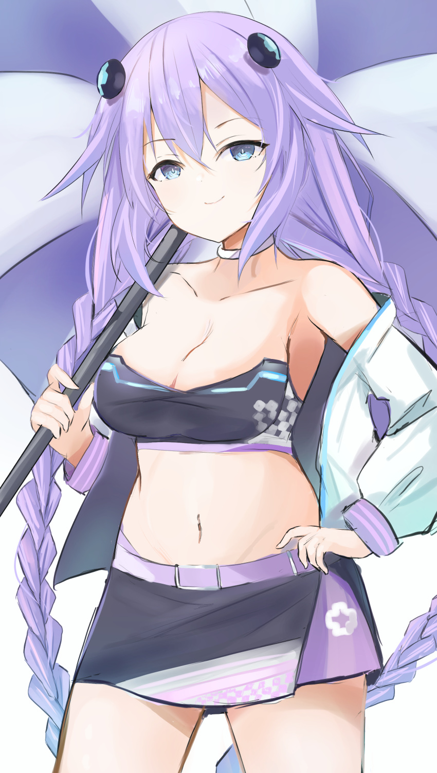 1girls bandeau belt belt_buckle beltskirt bimmy black_skirt blue_eyes breasts choker goddess hair_ornament hand_on_hip holding_umbrella hoodie looking_at_viewer medium_breasts midriff navel neptune_(neptunia) neptunia_(series) power_symbol power_symbol-shaped_pupils purple_hair race_queen skirt straight twintails umbrella white_hoodie