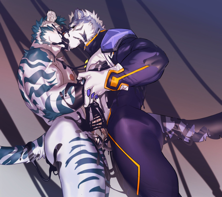 anthro anthro_on_anthro balls balls_touching duo erection felid frottage fur genitals hi_res humanoid_genitalia humanoid_penis kissing maiyabuhantang male male/male mammal nipples pantherine penis sadiend sex slime striped_body striped_fur stripes tail tiger