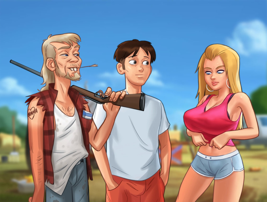 1girls 2boys 2d angry angry_face annoyed annoyed_expression big_breasts blonde_hair blonde_hair blue_eyes bottomwear bra breasts brown_hair cleavage clothed clothing clyde_(summertime_saga) darkcookie digital_drawing_(artwork) digital_media_(artwork) ear_piercing earrings facial_hair jacket jeans light-skinned_female light-skinned_male light_skin long_hair looking_at_another looking_down main_character_(summertime_saga) male male/female outdoors outside pants piercings ripped_clothing ripped_clothing roxxy_(summertime_saga) shirt shorts summertime_saga tank_top thick_thighs topwear trio