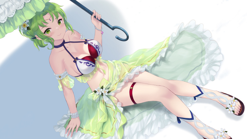 1girls alternate_breast_size alternate_costume armband bikini blush breasts cait_aron cleavage closed_mouth collarbone dutch_angle female female_only fire_emblem fire_emblem:_the_sacred_stones fire_emblem_heroes flower frilled_armband frills gloves gradient_clothes green_eyes green_hair green_sarong hair_flower hair_ornament highres holding holding_umbrella l'arachel_(fire_emblem) l'arachel_(summer)_(fire_emblem) large_breasts long_hair looking_at_viewer nintendo official_alternate_costume parasol sandals sarong see-through_sarong shadow smile solo swimsuit toes umbrella white_background white_bikini white_swimsuit