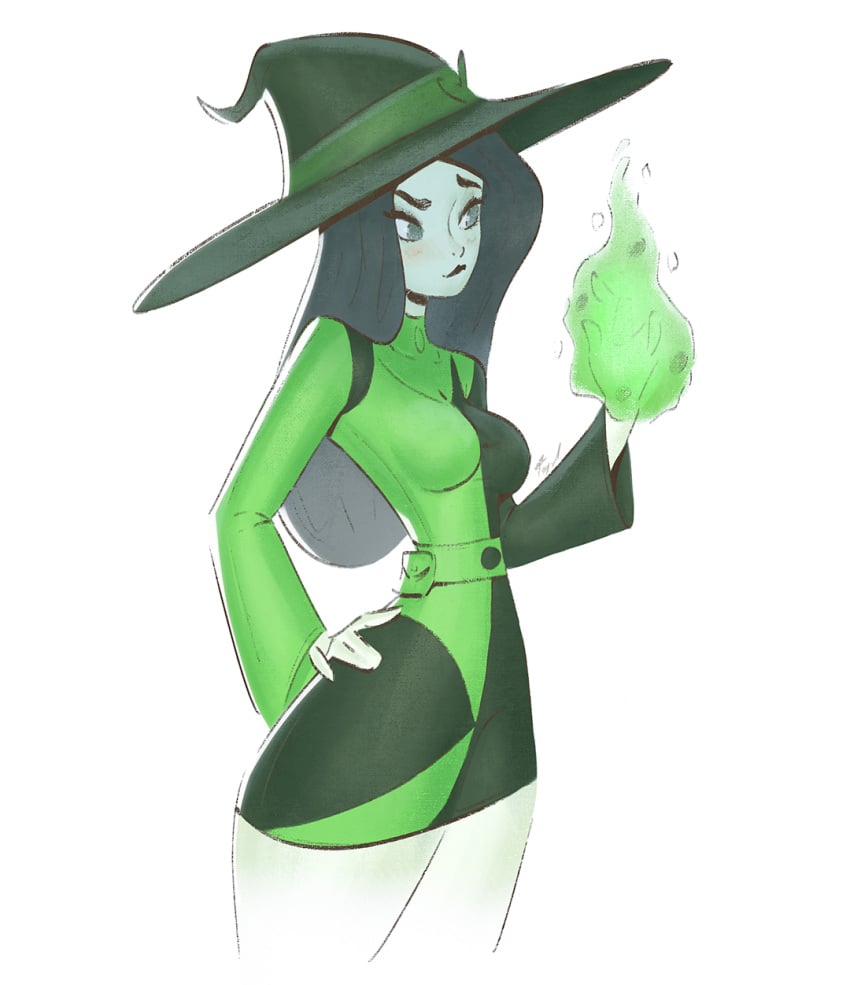 2022 black_hair disney disney_channel dress fire flaming_hand green_eyes halloween hand_on_hip hand_on_own_hip kim_possible long_black_hair long_hair safe_for_work sfw shego tequilanart witch_hat