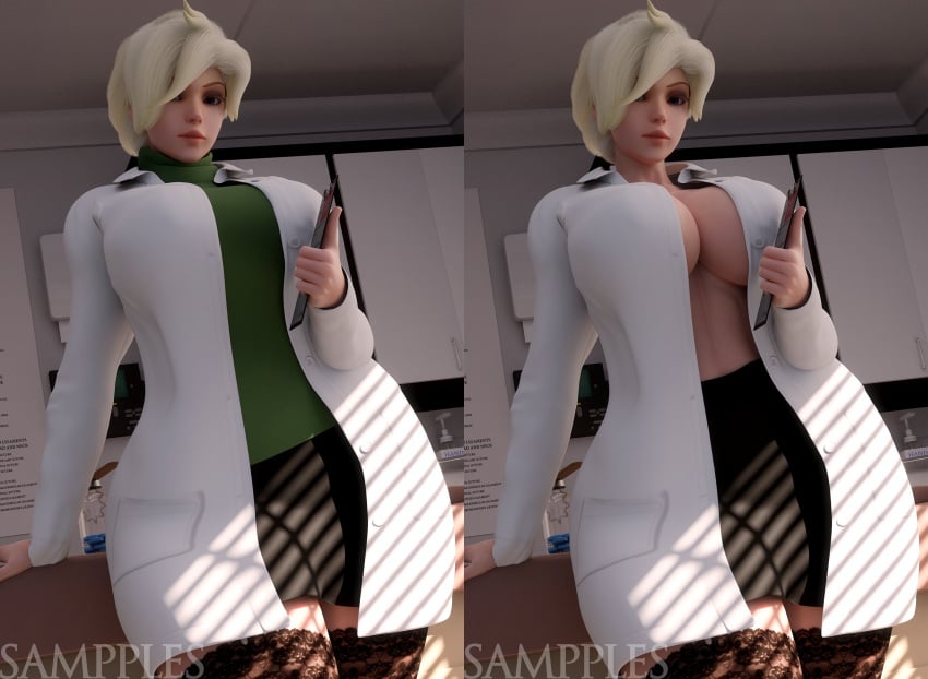 1girls 3d alternate_version_at_source alternate_version_available angela_ziegler ass big_ass big_breasts blizzard_entertainment blonde_hair breasts cleavage doctor dr._ziegler exposed_ass exposed_breasts exposed_nipples eye_chart id_card labcoat looking_at_viewer mercy multiple_images overwatch sampples skirt thick_thighs topless wide_hips