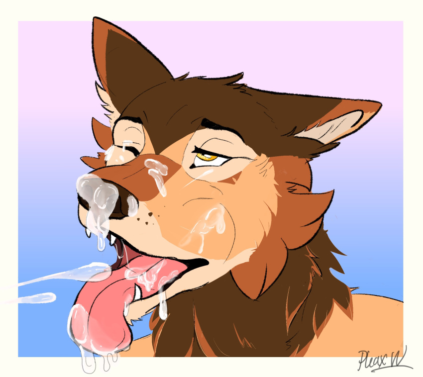 anthro bodily_fluids canid canine canis cum cum_in_mouth cum_inside cum_on_face cumshot drinking drinking_cum ejaculation genital_fluids half-closed_eyes hi_res male male/male mammal narrowed_eyes open_mouth pleaxwolf solo tongue tongue_out wolf