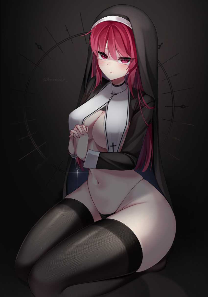 1girls bangs black_panties black_thighhighs breast_curtains breasts cross cross_necklace female female female_only habit highleg highleg_panties highres hiroside jewelry kneeling large_breasts long_hair looking_at_viewer navel necklace nun original own_hands_clasped own_hands_together panties red_eyes red_hair shrug_(clothing) solo thighhighs underwear