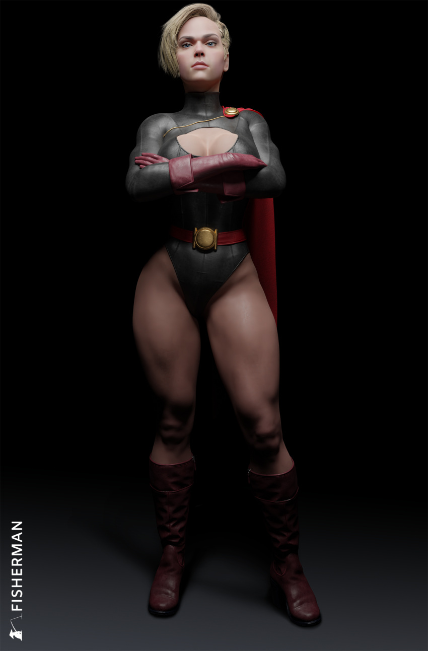 1girls 3d belt big_ass big_breasts big_butt black_leotard blender blonde_female blonde_hair blue_eyes breasts cape dc dc_comics female fisherman gloves kara_zor-el karen_starr leotard light-skinned_female light_skin parody power_girl red_belt red_boots red_cape red_gloves short_hair solo superheroine toned toned_arms toned_body toned_female toned_legs watermark