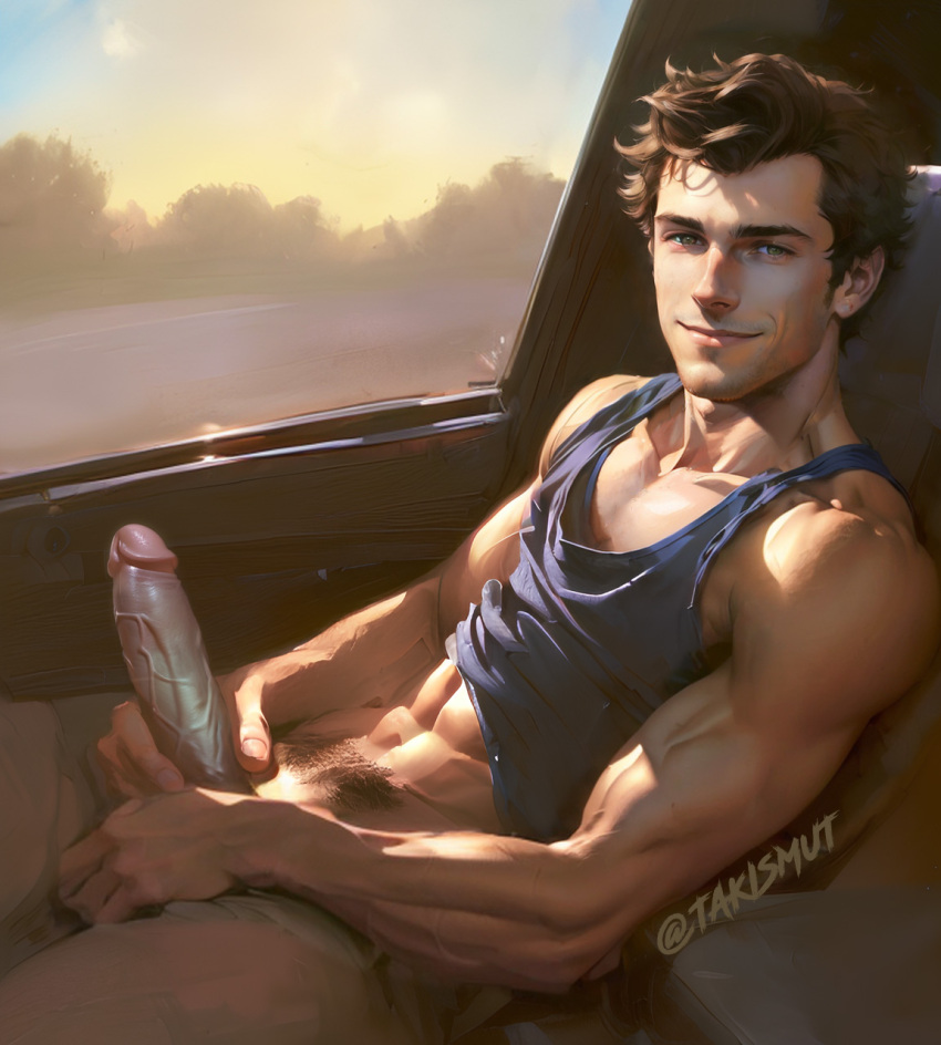 1boy abs ai_generated bottomless brown_hair erect_penis erection hard_on holding_penis in_car inviting_to_anal inviting_to_sex jerking jerking_off jerkingoff looking_at_viewer male male_only masturbating masturbation muscles muscular muscular_male pleasure_face retracted_foreskin shirt_lift smiling_at_viewer takismut tank_top teasing uber uber_driver veiny_penis