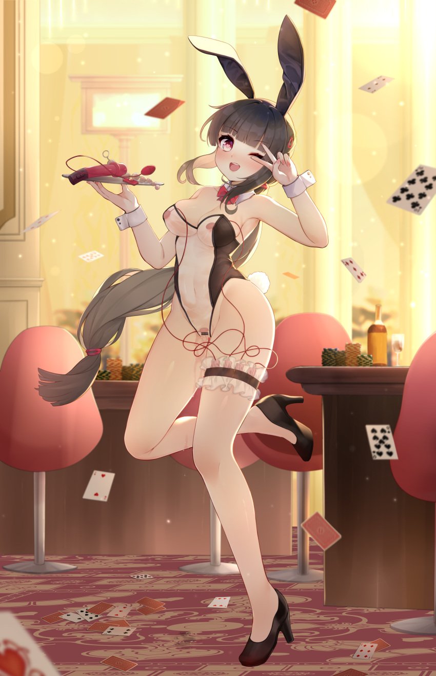 absurdres alcohol anal_beads animal_ears backlighting bangs bar_censor bare_shoulders black_footwear black_hairband black_leotard blunt_bangs blurry blush bokeh bottle bow bowtie bridal_garter brown_hair bunny_ears bunnysuit card casino censored chair chinese_commentary clitoral_stimulation commentary_request commission controller cup depth_of_field detached_collar dildo drink drinking_glass egg_vibrator fake_animal_ears fake_tail female full_body groin hair_ornament hair_tie hairband hairclip hands_up happy heart heart-shaped_pupils high_heels highleg highleg_leotard highres holding holding_sex_toy holding_tray indoors leg_up legs leotard long_hair long_legs looking_at_viewer nail_polish navel nipples object_insertion one_eye_closed open_mouth original pink_nails playboy_bunny playing_card poker_chip ponytail pussy qunqing rabbit_ears rabbit_tail red_bow red_bowtie red_eyes remote_control remote_control_vibrator second-party_source see-through see-through_clothing see-through_leotard sex_toy shoes sidelocks skindentation smile solo standing standing_on_one_leg stomach strapless strapless_leotard symbol-shaped_pupils table tail teeth transparent_bunnysuit transparent_censoring tray vaginal_object_insertion vaginal_penetration very_long_hair vibrator vibrator_cord vibrator_on_nipple vibrator_under_clothes wrist_cuffs